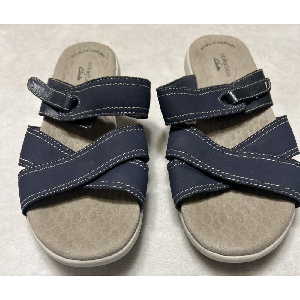Clarks Sandals Women’s Size 7 W Wide Blue White Wedge Slides Casual Slip On